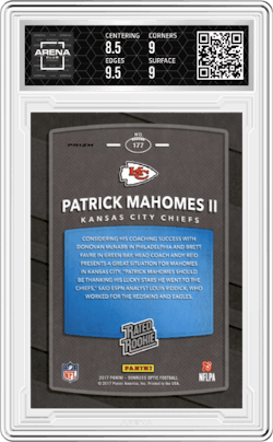 Patrick Mahomes II from the 2017 Panini Donruss Optic set featuring a Red/Yellow parallel and given an overall grade of 9.