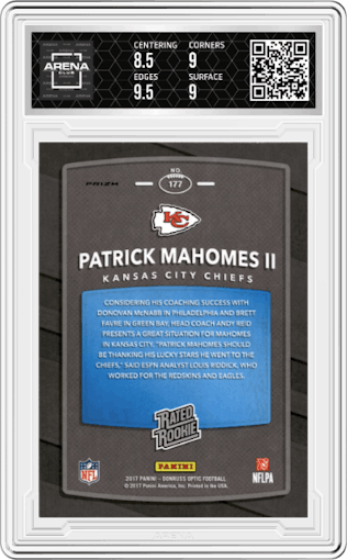 Patrick Mahomes II from the 2017 Panini Donruss Optic set featuring a Red/Yellow parallel graded by Arena Club and given an overall grade of 9.