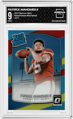 Patrick Mahomes II from the 2017 Panini Donruss Optic set featuring a Red/Yellow parallel and given an overall grade of 9.