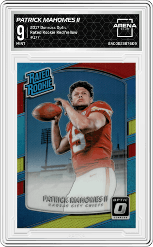 Patrick Mahomes II from the 2017 Panini Donruss Optic set featuring a Red/Yellow parallel graded by Arena Club and given an overall grade of 9.