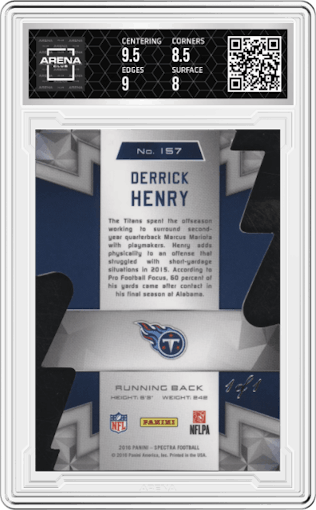 Derrick Henry from the 2016 Panini Spectra set featuring a Die-Cut Neon Orange parallel graded by Arena Club and given an overall grade of 8.5.