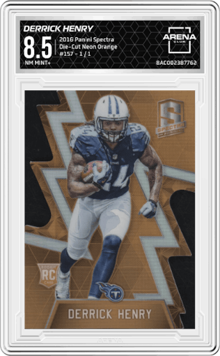 Derrick Henry from the 2016 Panini Spectra set featuring a Die-Cut Neon Orange parallel graded by Arena Club and given an overall grade of 8.5.