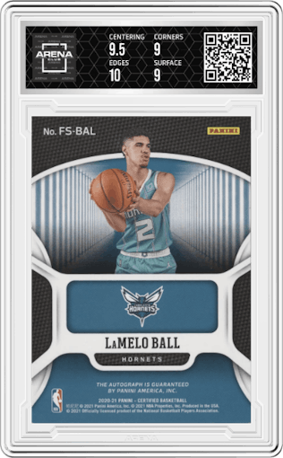LaMelo Ball from the 2020-21 Panini Certified set featuring a Gold parallel graded by Arena Club and given an overall grade of 9.5.