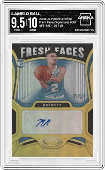 LaMelo Ball from the 2020-21 Panini Certified set featuring a Gold parallel graded by Arena Club and given an overall grade of 9.5.