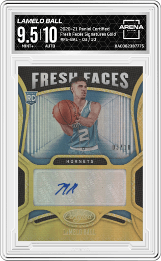 LaMelo Ball from the 2020-21 Panini Certified set featuring a Gold parallel graded by Arena Club and given an overall grade of 9.5.
