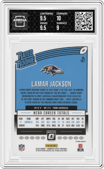 Lamar Jackson from the 2018 Panini Donruss Optic set featuring a Pink  parallel graded by Arena Club and given an overall grade of 9.5.