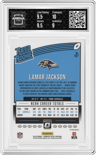 Lamar Jackson from the 2018 Panini Donruss Optic set featuring a Pink  parallel graded by Arena Club and given an overall grade of 9.5.
