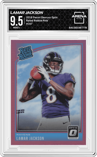 Lamar Jackson from the 2018 Panini Donruss Optic set featuring a Pink  parallel graded by Arena Club and given an overall grade of 9.5.