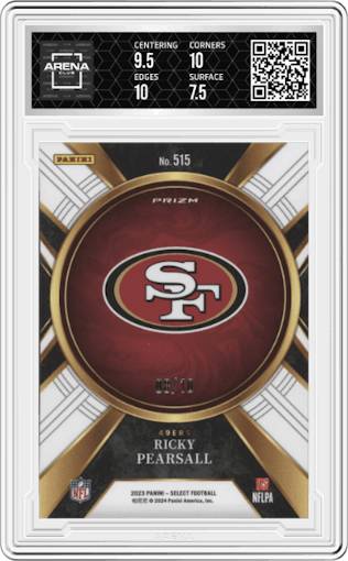Ricky Pearsall from the 2023 Panini Select set featuring a Gold Prizm parallel graded by Arena Club and given an overall grade of 8.
