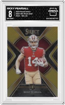 Ricky Pearsall from the 2023 Panini Select set featuring a Gold Prizm parallel graded by Arena Club and given an overall grade of 8.