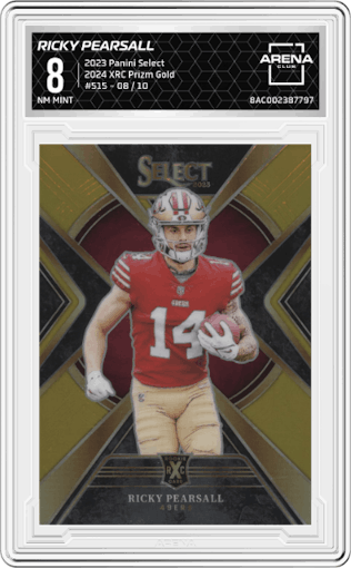 Ricky Pearsall from the 2023 Panini Select set featuring a Gold Prizm parallel graded by Arena Club and given an overall grade of 8.