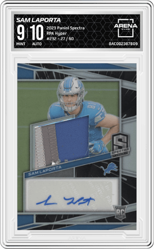 Sam LaPorta from the 2023 Panini Spectra set featuring a Hyper parallel graded by Arena Club and given an overall grade of 9.