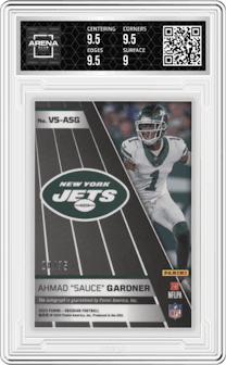 Ahmad "Sauce" Gardner from the 2023 Panini Obsidian set featuring a Electric Etch Purple parallel graded by Arena Club and given an overall grade of 9.5.