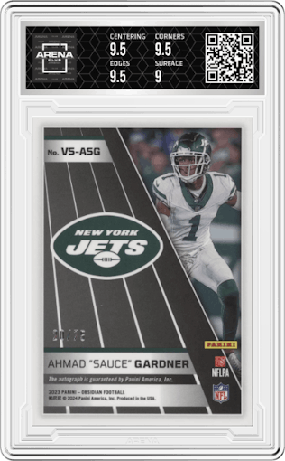Ahmad "Sauce" Gardner from the 2023 Panini Obsidian set featuring a Electric Etch Purple parallel graded by Arena Club and given an overall grade of 9.5.