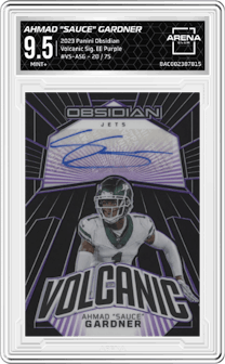 Ahmad "Sauce" Gardner from the 2023 Panini Obsidian set featuring a Electric Etch Purple parallel graded by Arena Club and given an overall grade of 9.5.