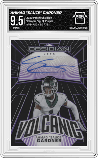 Ahmad "Sauce" Gardner from the 2023 Panini Obsidian set featuring a Electric Etch Purple parallel graded by Arena Club and given an overall grade of 9.5.