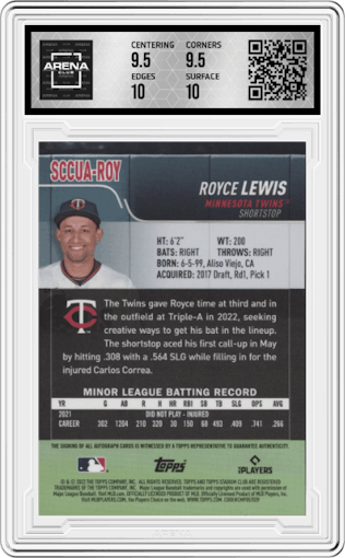 Royce Lewis from the 2022 Stadium Club Chrome set graded by Arena Club and given an overall grade of 10.
