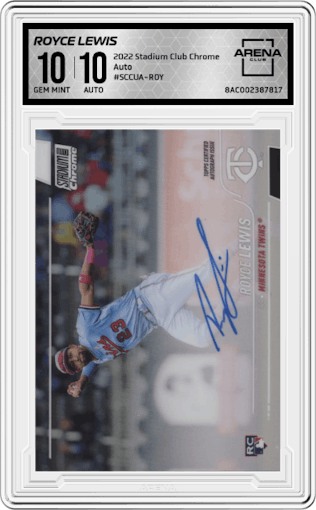 Royce Lewis from the 2022 Stadium Club Chrome set graded by Arena Club and given an overall grade of 10.