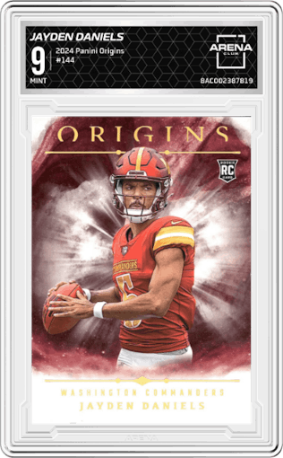 Jayden Daniels from the 2024 Panini Origins set graded by Arena Club and given an overall grade of 9.