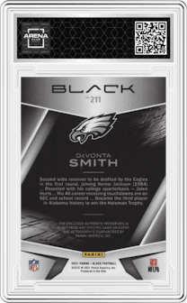 DeVonta Smith from the 2021 Panini Black set featuring a Silver parallel graded by Arena Club and given an overall grade of 0.