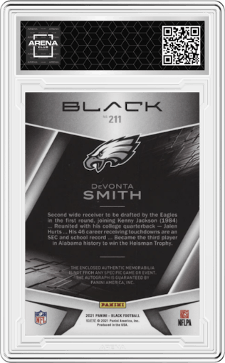 DeVonta Smith from the 2021 Panini Black set featuring a Silver parallel graded by Arena Club.