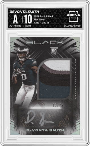 DeVonta Smith from the 2021 Panini Black set featuring a Silver parallel graded by Arena Club.