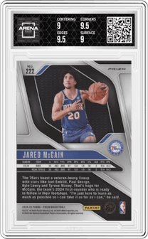 Jared McCain from the 2024-25 Panini Prizm set featuring a Silver Prizm parallel graded by Arena Club and given an overall grade of 9.5.