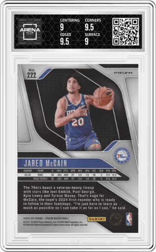 Jared McCain from the 2024-25 Panini Prizm set featuring a Silver Prizm parallel graded by Arena Club and given an overall grade of 9.5.