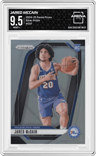 Jared McCain from the 2024-25 Panini Prizm set featuring a Silver Prizm parallel graded by Arena Club and given an overall grade of 9.5.