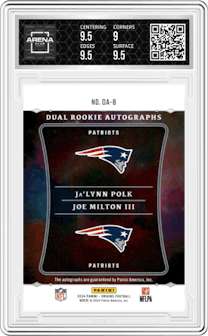 Joe Milton III/Ja’Lynn Polk from the 2024 Panini Origins set graded by Arena Club and given an overall grade of 9.5.