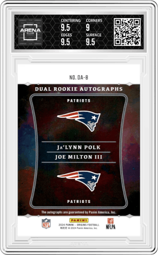 Joe Milton III/Ja’Lynn Polk from the 2024 Panini Origins set graded by Arena Club and given an overall grade of 9.5.