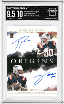 Joe Milton III/Ja’Lynn Polk from the 2024 Panini Origins set graded by Arena Club and given an overall grade of 9.5.