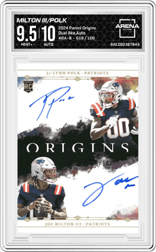 Joe Milton III/Ja’Lynn Polk from the 2024 Panini Origins set graded by Arena Club and given an overall grade of 9.5.