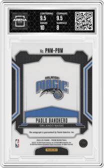 Paolo Banchero from the 2024-25 Panini Prizm set graded by Arena Club and given an overall grade of 8.5.