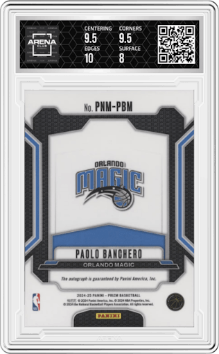 Paolo Banchero from the 2024-25 Panini Prizm set graded by Arena Club and given an overall grade of 8.5.