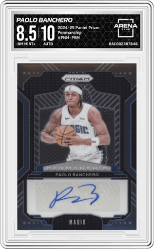 Paolo Banchero from the 2024-25 Panini Prizm set graded by Arena Club and given an overall grade of 8.5.