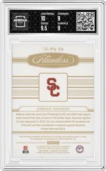 Jordan Addison from the 2023 Panini Flawless Collegiate set featuring a Ruby parallel graded by Arena Club and given an overall grade of 9.5.