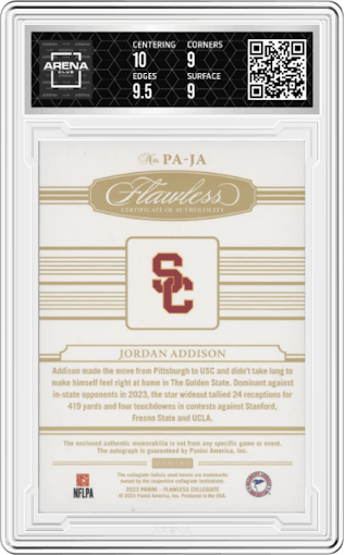 Jordan Addison from the 2023 Panini Flawless Collegiate set featuring a Ruby parallel graded by Arena Club and given an overall grade of 9.5.
