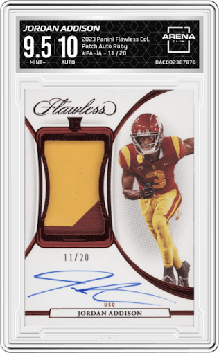 Jordan Addison from the 2023 Panini Flawless Collegiate set featuring a Ruby parallel graded by Arena Club and given an overall grade of 9.5.