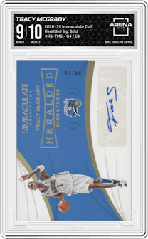 Tracy McGrady from the 2018-19 Panini Immaculate Collection set featuring a Gold parallel graded by Arena Club and given an overall grade of 9.