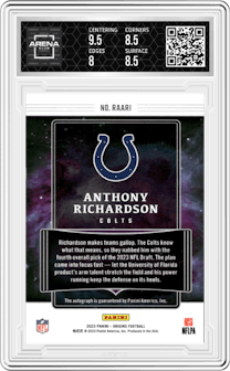 Anthony Richardson from the 2023 Panini Origins set featuring a Purple parallel graded by Arena Club and given an overall grade of 8.5.