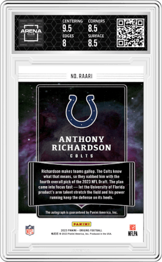 Anthony Richardson from the 2023 Panini Origins set featuring a Purple parallel graded by Arena Club and given an overall grade of 8.5.