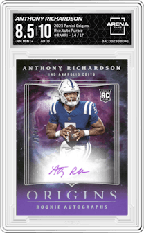 Anthony Richardson from the 2023 Panini Origins set featuring a Purple parallel graded by Arena Club and given an overall grade of 8.5.