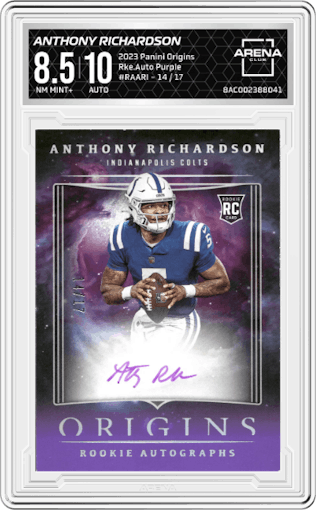 Anthony Richardson from the 2023 Panini Origins set featuring a Purple parallel graded by Arena Club and given an overall grade of 8.5.