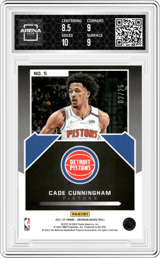 Cade Cunningham from the 2021-22 Panini Obsidian set featuring a Electric Etch Green parallel graded by Arena Club and given an overall grade of 9.