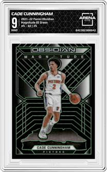 Cade Cunningham from the 2021-22 Panini Obsidian set featuring a Electric Etch Green parallel graded by Arena Club and given an overall grade of 9.
