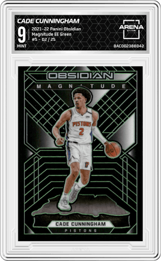 Cade Cunningham from the 2021-22 Panini Obsidian set featuring a Electric Etch Green parallel graded by Arena Club and given an overall grade of 9.