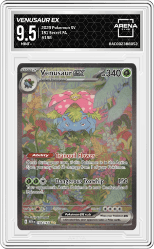 Venusaur ex from the 2023 Pokemon SV set graded by Arena Club and given an overall grade of 9.5.