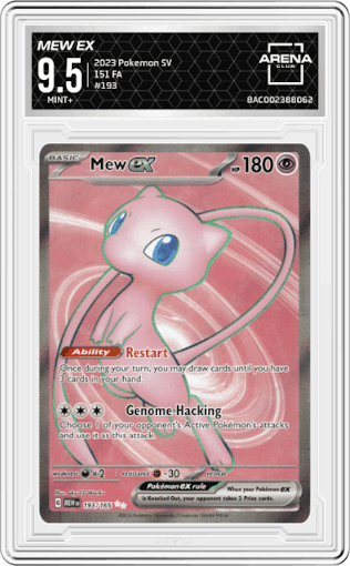 Mew EX from the 2023 Pokemon SV set graded by Arena Club and given an overall grade of 9.5.