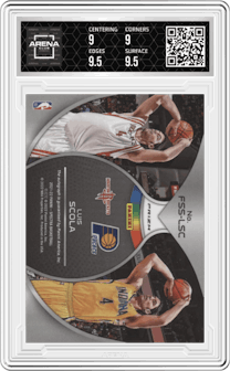 Luis Scola from the 2021-22 Panini Spectra set featuring a Gold parallel graded by Arena Club and given an overall grade of 9.5.